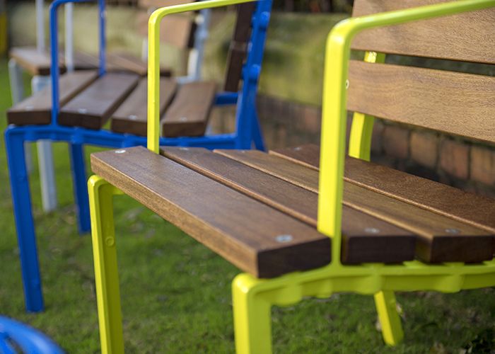 Forum Seats and Cafe Stools in Pearl White, Bondi Blue and Brilliant Yellow.