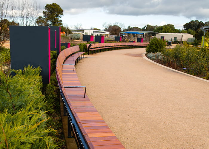 Custom promenade seating, 133 metres of seat, Garden For the Future.