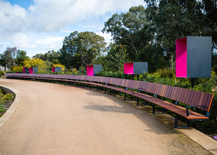 Custom promenade seating, 133 metres of seat, Garden For the Future.
