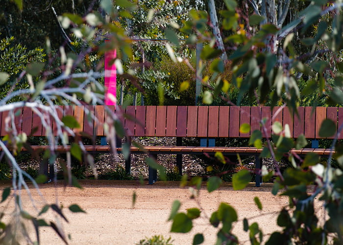 Custom seating, battens made from recycled Red Gum timber, Garden For the Future.