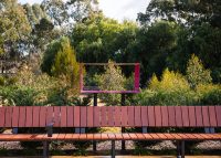 Custom seating, battens made from recycled Red Gum timber, Garden For the Future.
