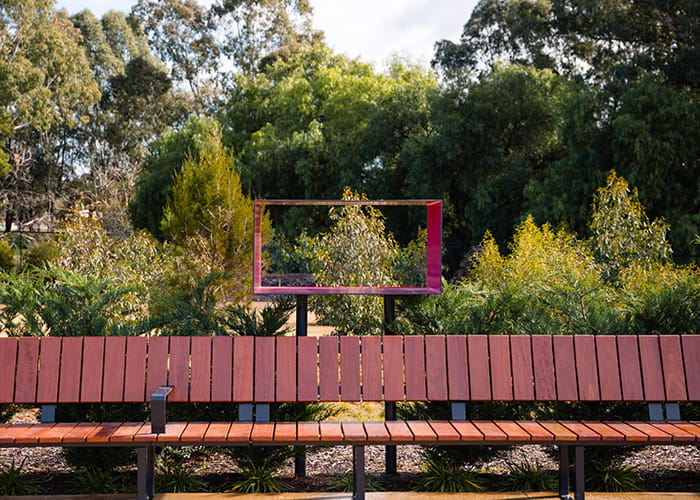 Custom seating, battens made from recycled Red Gum timber, Garden For the Future.