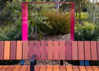 Custom seating, battens made from recycled Red Gum timber, Garden For the Future.
