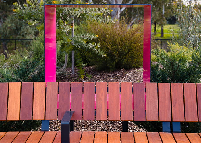 Custom seating, battens made from recycled Red Gum timber, Garden For the Future.