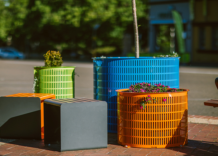 Linea Cubes and Frame Planter in aluminium Spotted Gum, Lycra Strip Green, Bondi Blue, Sensation Orange and Textura Monument.