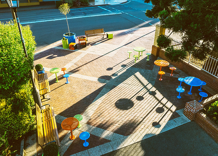 Mall Seat, Cafe Macchiato Table, Cafe Stool, Linea Cube and Frame Planter.