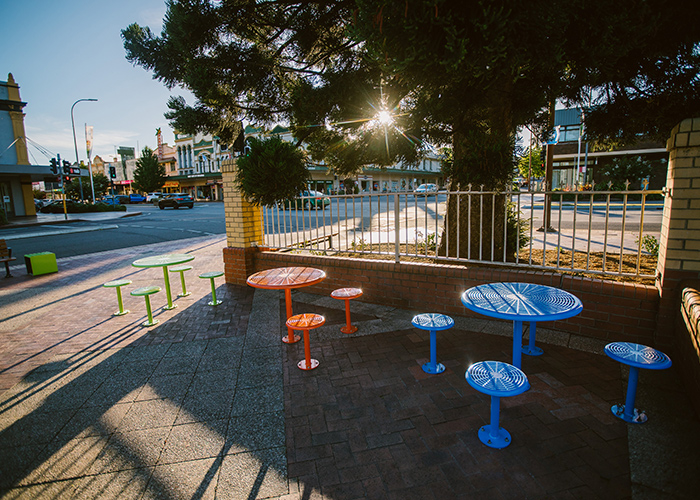 Cafe Round Table (T1) and Stool (S1) in Lycra Strip Green, Sensation Orange and Bondi Blue.