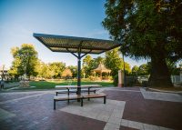 ChillOUT Tree (CT1, 2900mm) powered with Colorbond roof in Windspray. With Aria DDA setting (CMA6-DDA, CMA4) with aluminium Spotted Gum battens. Textura Monument frames.