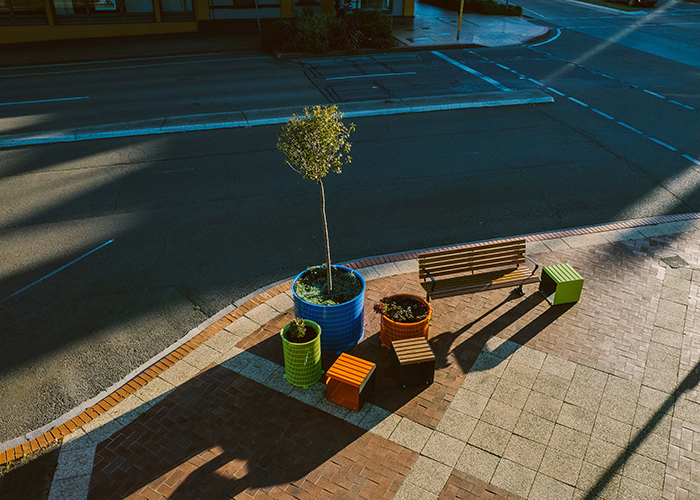 Mall Seat, Frame Planter and Linea Cubes in aluminium Spotted Gum, Lycra Strip Green, Bondi Blue, Sensation Orange and Textura Monument.