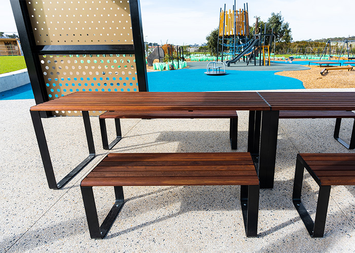 Linea DDA Table (LIT10-DDA, 2100mm) with Linea Benches, hardwood battens, Night Sky frame.