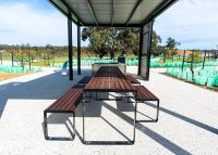 Linea DDA Table (LIT10-DDA, 2100mm) with Linea Benches, hardwood battens, Night Sky frame.