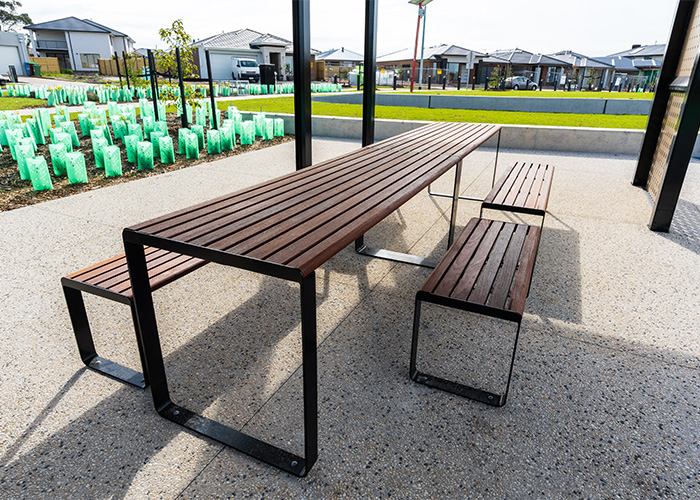 Linea DDA Table (LIT10-DDA, 2100mm) with Linea Benches, hardwood battens, Night Sky frame.
