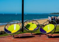 Powder coated Brilliant Yellow centres, petal shapes in Lycra Strip Green and Dark Violet.