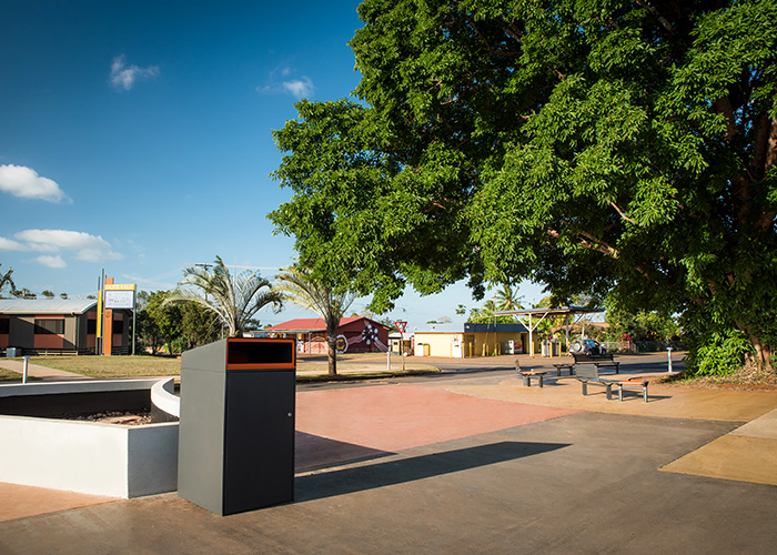 Escola Bin Enclosure (WBE-E240, 240L), powder coated in Textura Monument with Sensation Orange insert.