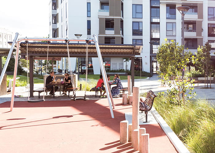 Classic Plaza Seats, Benches and Settings. Jarrah battens and Sable Bass frames. Photo: Arcadia LA.