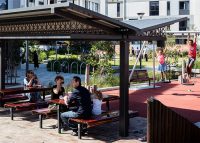 Classic Plaza Seats, Benches and Settings. Jarrah battens and Sable Bass frames. Photo: Arcadia LA.