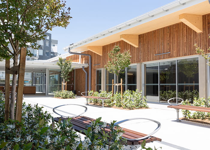 Mall Benches with Elliptical Arms, Jarrah battens and Palladium Silver frames. Photo: Penrith City Council.