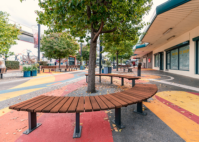 Arc Seat (ARC-S) with tailored leg, eco-certified hardwood battens, Textura Monument frame.