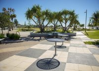 Cafe Tables powdercoated in Palladium Silver.