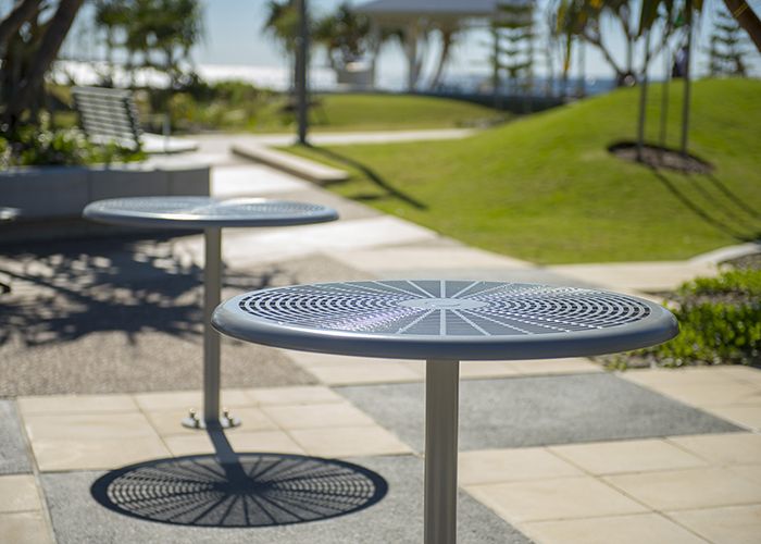 Cafe Tables powdercoated in Palladium Silver.