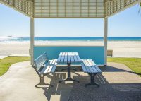 Park Table with Park Seat and Bench, anodised aluminium battens and Night Sky frames.