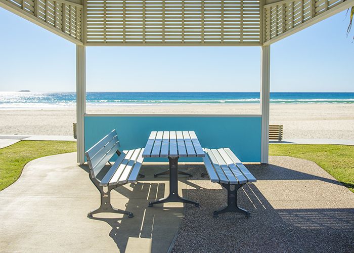 Park Table with Park Seat and Bench, anodised aluminium battens and Night Sky frames.