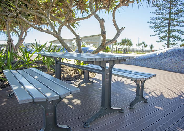 Park Table with Park Seat and Bench, anodised aluminium battens and Night Sky frames.
