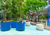 Frame Planter, tailored round 1000x800mm, in Bondi Blue with Slot perforation and adjustable feet.