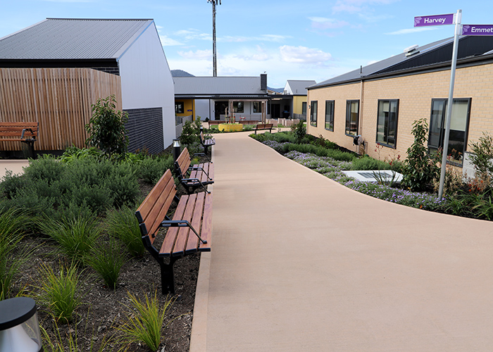 Park DDA Seats (PS7-DDA) with aluminium woodgrain Spotted Gum battens, Night Sky frames.