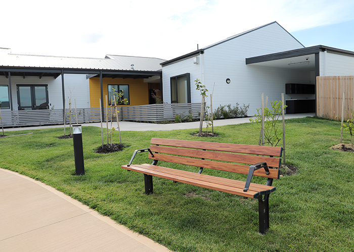 Park DDA Seats (PS7-DDA) with aluminium woodgrain Spotted Gum battens, Night Sky frames.