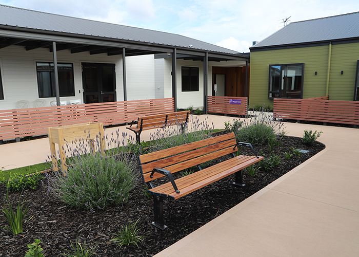 Park DDA Seats (PS7-DDA) with aluminium woodgrain Spotted Gum battens, Night Sky frames.