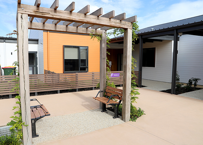 Park DDA Seats (PS7-DDA) with aluminium woodgrain Spotted Gum battens, Night Sky frames.