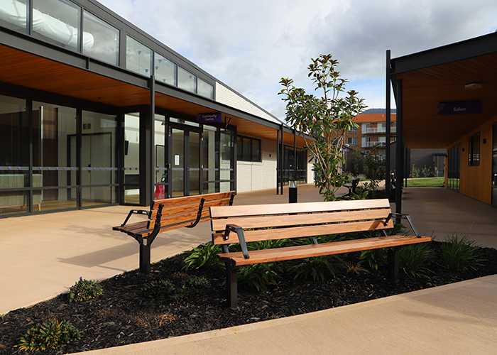 Park DDA Seats (PS7-DDA) with aluminium woodgrain Spotted Gum battens, Night Sky frames.