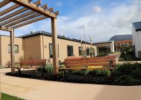 Park DDA Seats (PS7-DDA) with aluminium woodgrain Spotted Gum battens, Night Sky frames.