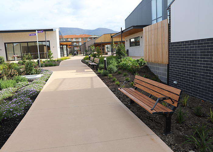 Park DDA Seats (PS7-DDA) with aluminium woodgrain Spotted Gum battens, Night Sky frames.