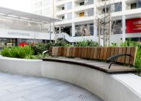Concave Arc Seat, Jarrah hardwood battens with Charcoal frames.
