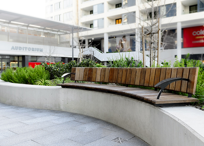 Concave Arc Seat, Jarrah hardwood battens with Charcoal frames.