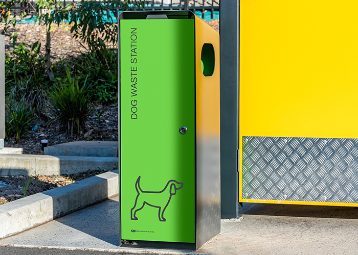 Custom dog litter bin, with Viper Green front panel, Textura Monument housing.