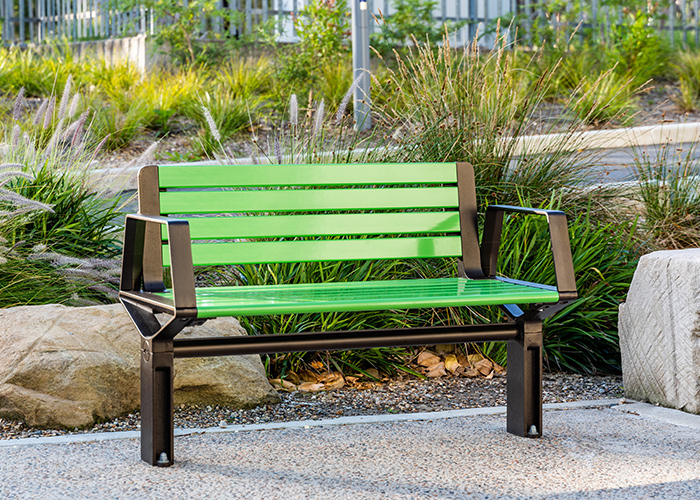 Aria Seat (CMA1, 1200mm) with Viper Green battens, Textura Dark Bronze frame.