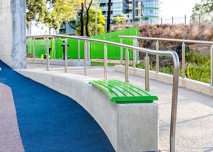 Linea Curved Bench (LIB6-C, tailored curve and length) in Viper Green.
