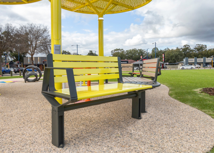 Aria Seating System (2S-C45-2S) in Brilliant Yellow, aluminium Curly Birch and Textura Woodland Grey.