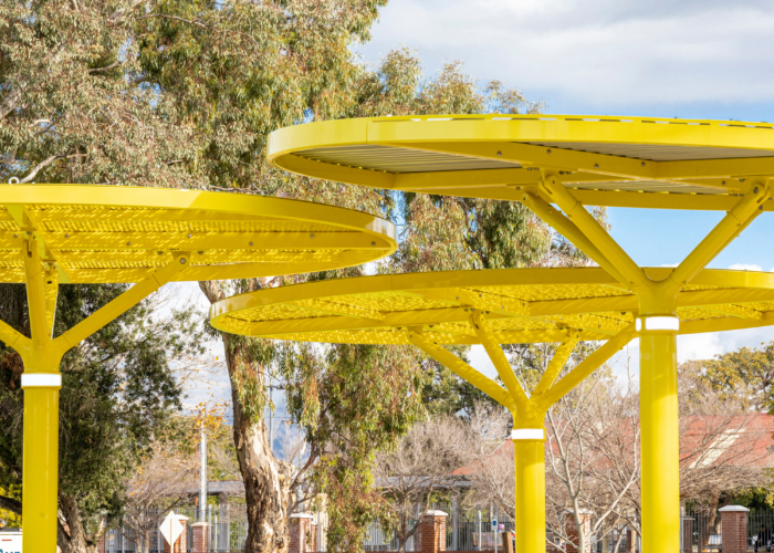 ChillOUT Tree (CT1, 2700mm, 2700mm, 3100mm) Powered, Spandek and Perforated roof, in Brilliant Yellow.