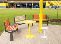 Aria Seating System (2S-C45-2S-C45-2S) in Sensation Orange, aluminium Curly Birch, Textura Woodland Grey.