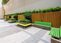 Mall Mitred Slim Bench, in Brilliant Yellow and Lycra Strip, and Mall Seat, in Viper Green.