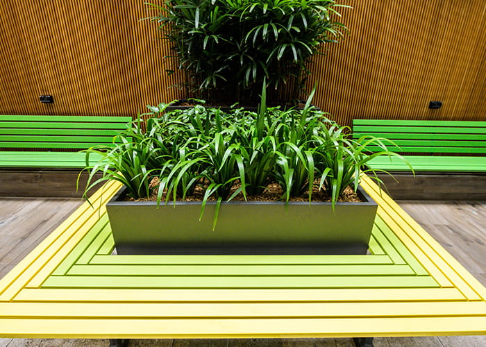 Mall Mitred Slim Bench, in Brilliant Yellow and Lycra Strip, and Mall Seat in Viper Green.
