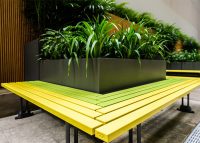 Mall Mitred Slim Bench, stepped joint battens in Brilliant Yellow and Lycra Strip.