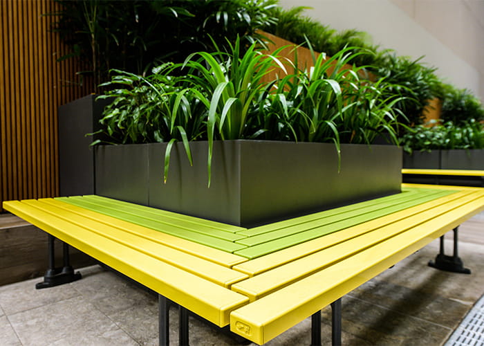 Mall Mitred Slim Bench, stepped joint battens in Brilliant Yellow and Lycra Strip.