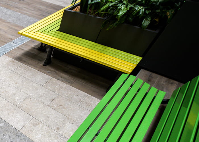 Mall Mitred Slim Bench, in Brilliant Yellow and Lycra Strip, and Mall Seat, in Viper Green.
