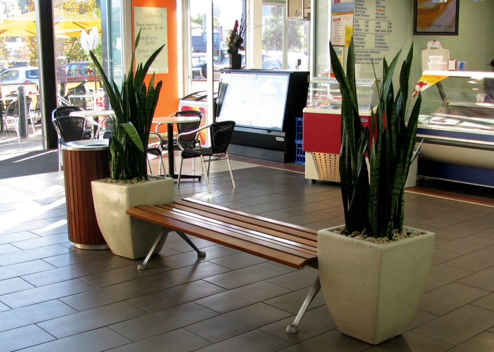 Mall Bench (CMM4) with eco-certified hardwood battens, Precious Silver frame, Splay leg.