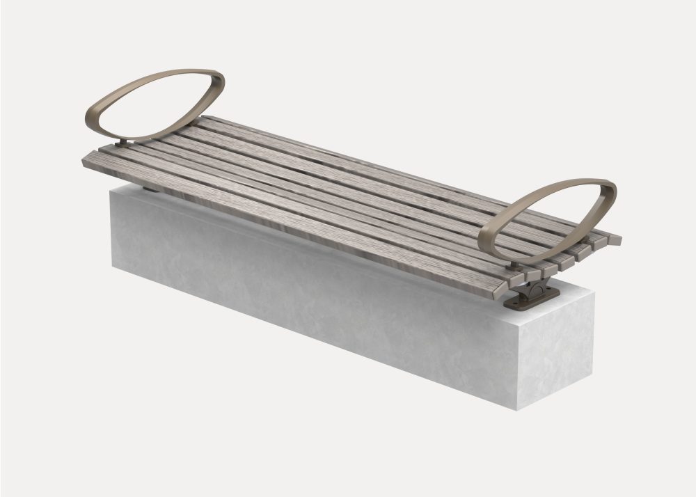 Mall Bench (CMM4) with Elliptical Arms, plinth-fixed, aluminium Beach Oak battens and Textura Jasper frame.